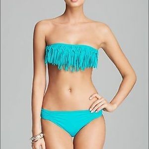 L SPACE PEACOCK KNOTTED BANDEAU FRINGE TOP FOXY TAB BOTTOM BIKINI SET